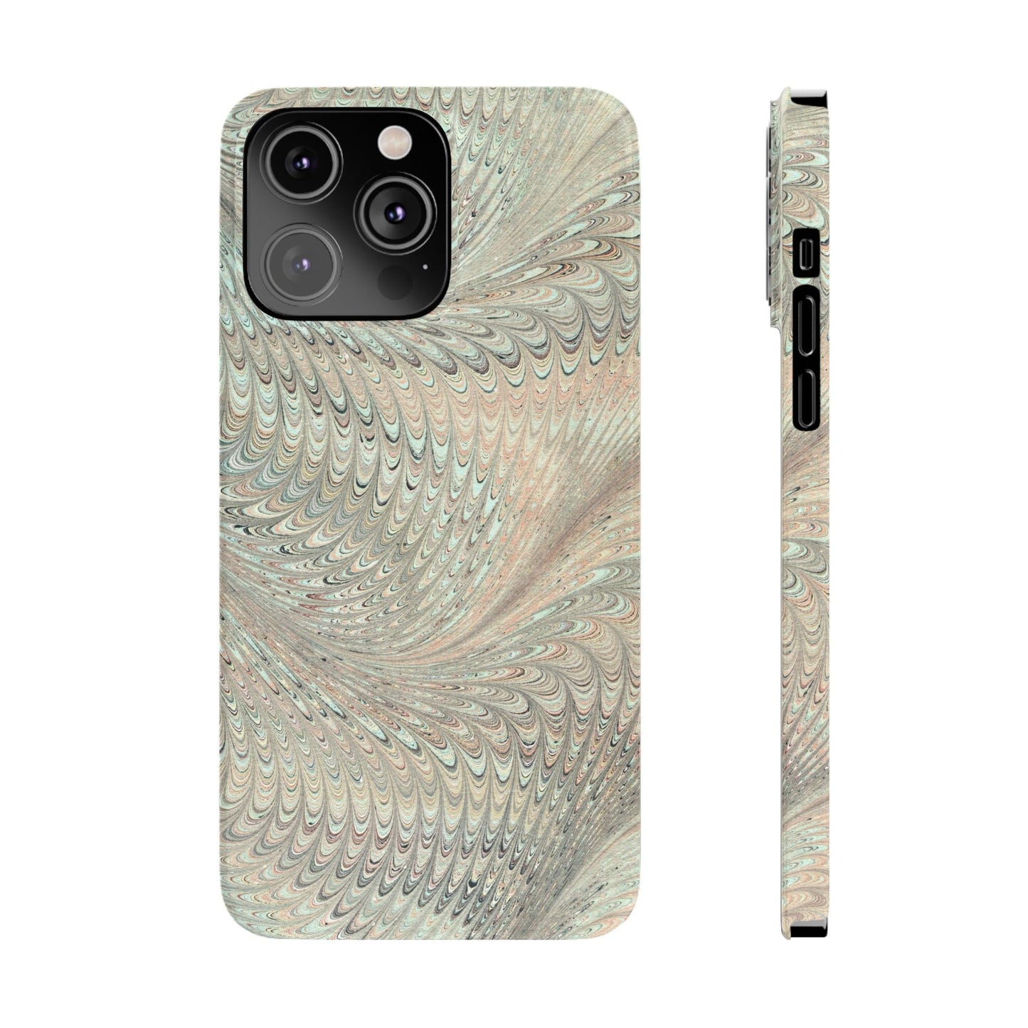 Marbled VIntage Design, Italian Feather Phone Case, Green Hues, Mint, Beige, Neutrals, Slim Phone Cases, IPHONE16 and all sizes